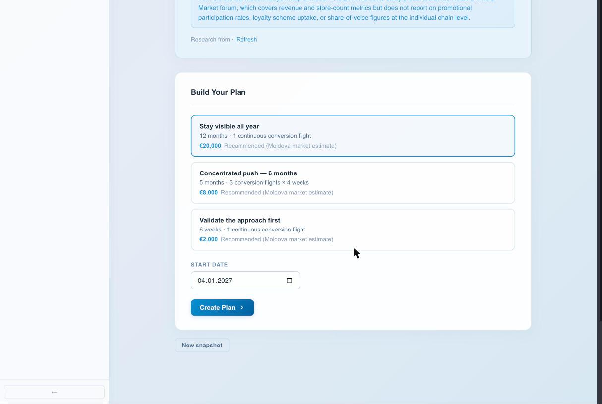 PlanIQ's plan-building screen showing three duration options with real budgets and a start date field